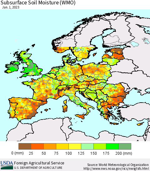 Europe Subsurface Soil Moisture (WMO) Thematic Map For 12/26/2022 - 1/1/2023