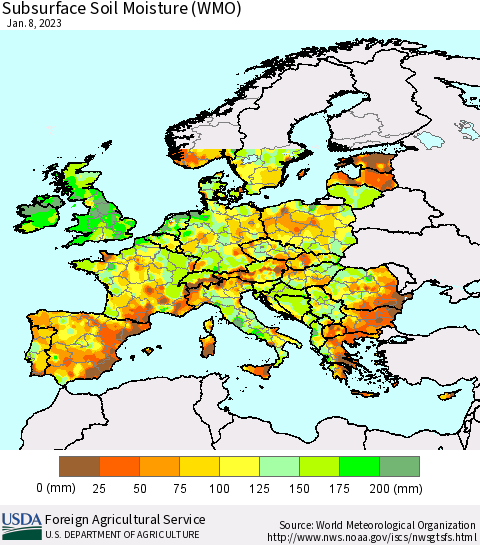 Europe Subsurface Soil Moisture (WMO) Thematic Map For 1/2/2023 - 1/8/2023