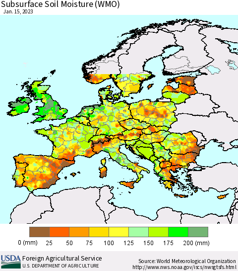 Europe Subsurface Soil Moisture (WMO) Thematic Map For 1/9/2023 - 1/15/2023