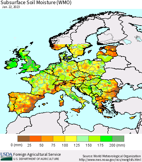 Europe Subsurface Soil Moisture (WMO) Thematic Map For 1/16/2023 - 1/22/2023