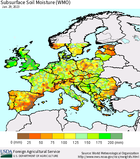 Europe Subsurface Soil Moisture (WMO) Thematic Map For 1/23/2023 - 1/29/2023
