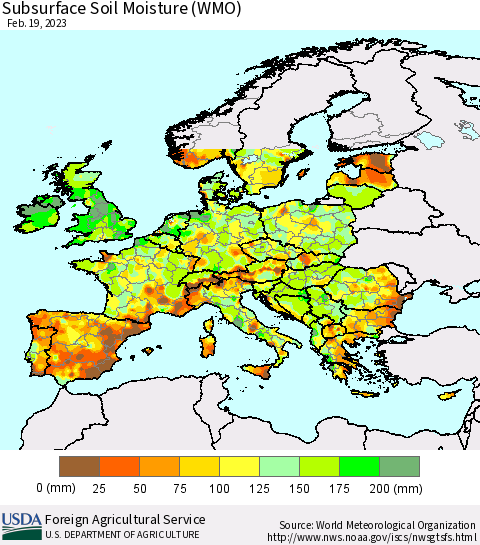 Europe Subsurface Soil Moisture (WMO) Thematic Map For 2/13/2023 - 2/19/2023