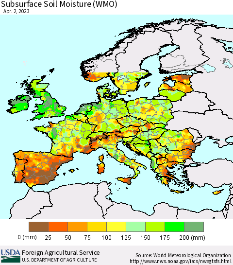 Europe Subsurface Soil Moisture (WMO) Thematic Map For 3/27/2023 - 4/2/2023