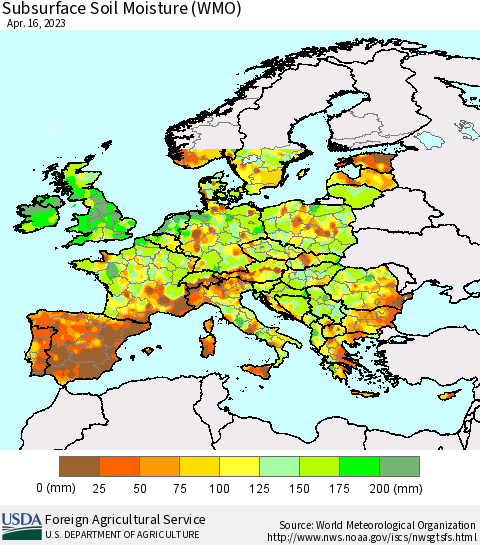 Europe Subsurface Soil Moisture (WMO) Thematic Map For 4/10/2023 - 4/16/2023