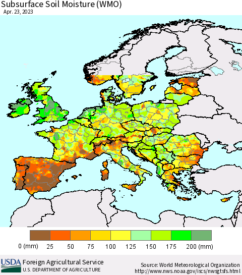 Europe Subsurface Soil Moisture (WMO) Thematic Map For 4/17/2023 - 4/23/2023