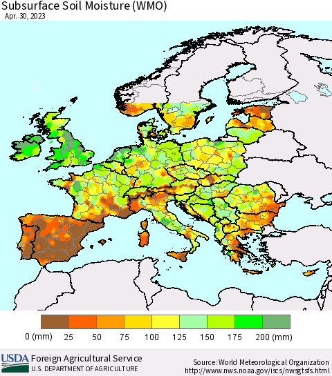 Europe Subsurface Soil Moisture (WMO) Thematic Map For 4/24/2023 - 4/30/2023
