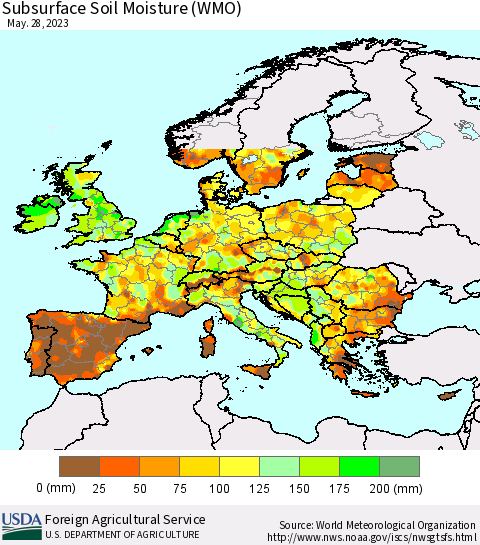 Europe Subsurface Soil Moisture (WMO) Thematic Map For 5/22/2023 - 5/28/2023