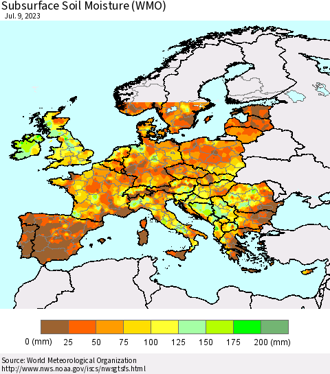 Europe Subsurface Soil Moisture (WMO) Thematic Map For 7/3/2023 - 7/9/2023