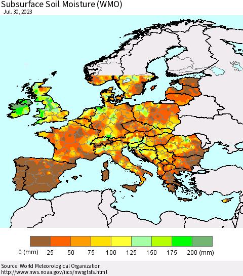 Europe Subsurface Soil Moisture (WMO) Thematic Map For 7/24/2023 - 7/30/2023