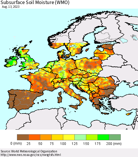 Europe Subsurface Soil Moisture (WMO) Thematic Map For 8/7/2023 - 8/13/2023