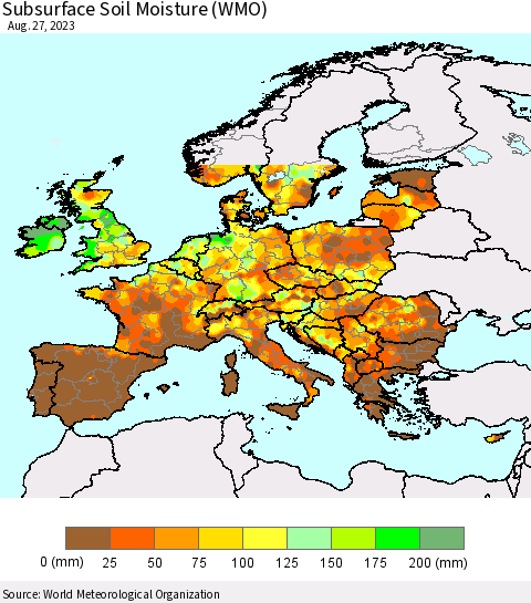 Europe Subsurface Soil Moisture (WMO) Thematic Map For 8/21/2023 - 8/27/2023