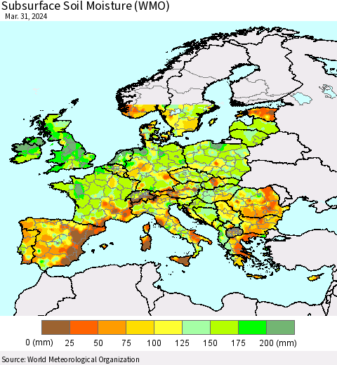 Europe Subsurface Soil Moisture (WMO) Thematic Map For 3/25/2024 - 3/31/2024