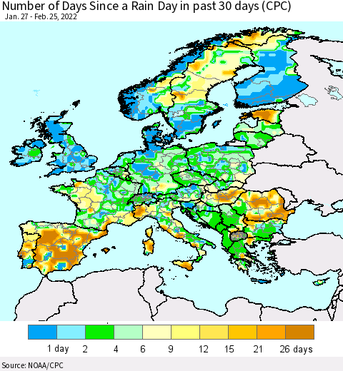 Europe Number of Days Since a Rain Day in past 30 days (CPC) Thematic Map For 2/21/2022 - 2/25/2022