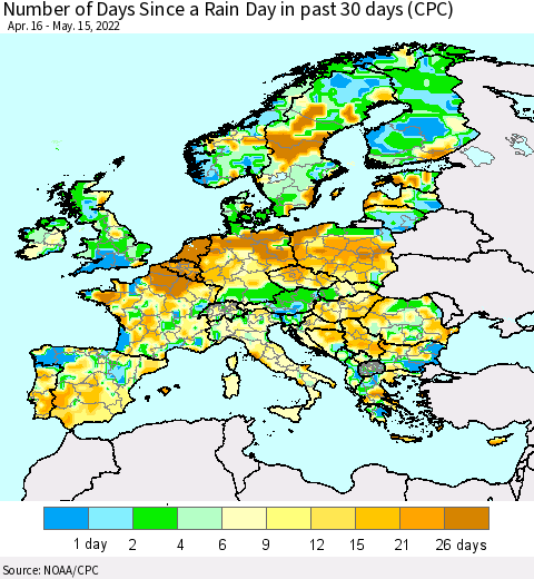 Europe Number of Days Since a Rain Day in past 30 days (CPC) Thematic Map For 5/11/2022 - 5/15/2022