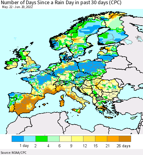 Europe Number of Days Since a Rain Day in past 30 days (CPC) Thematic Map For 6/16/2022 - 6/20/2022