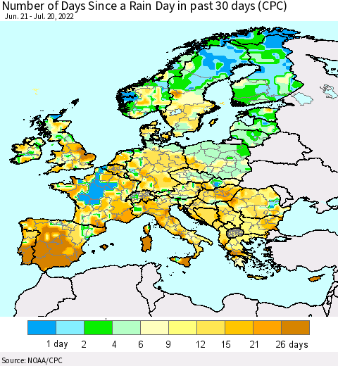 Europe Number of Days Since a Rain Day in past 30 days (CPC) Thematic Map For 7/16/2022 - 7/20/2022