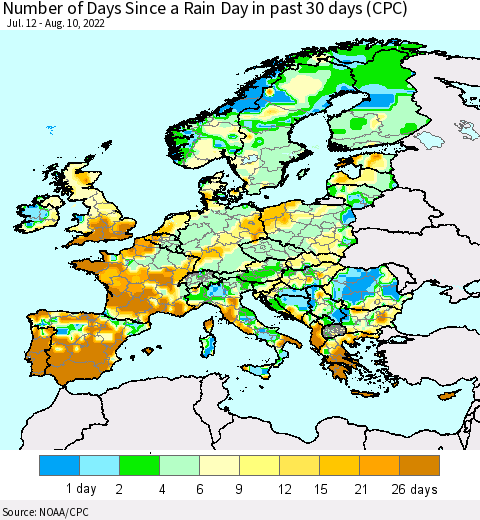 Europe Number of Days Since a Rain Day in past 30 days (CPC) Thematic Map For 8/6/2022 - 8/10/2022