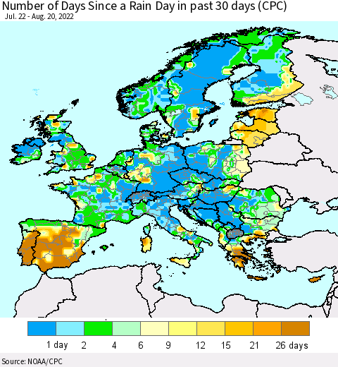 Europe Number of Days Since a Rain Day in past 30 days (CPC) Thematic Map For 8/16/2022 - 8/20/2022