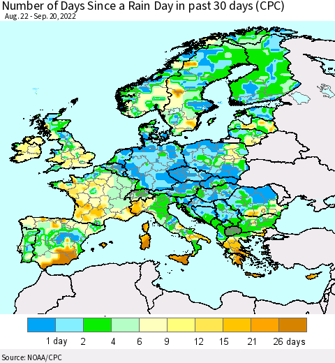 Europe Number of Days Since a Rain Day in past 30 days (CPC) Thematic Map For 9/16/2022 - 9/20/2022