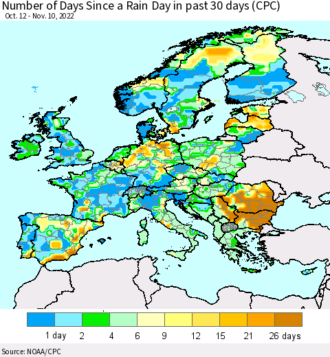 Europe Number of Days Since a Rain Day in past 30 days (CPC) Thematic Map For 11/6/2022 - 11/10/2022