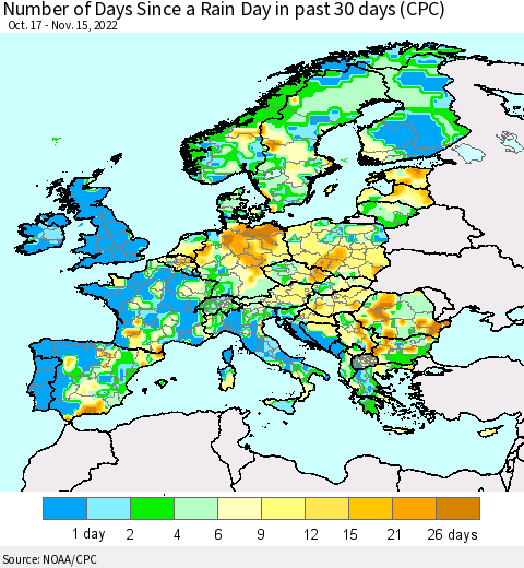 Europe Number of Days Since a Rain Day in past 30 days (CPC) Thematic Map For 11/11/2022 - 11/15/2022