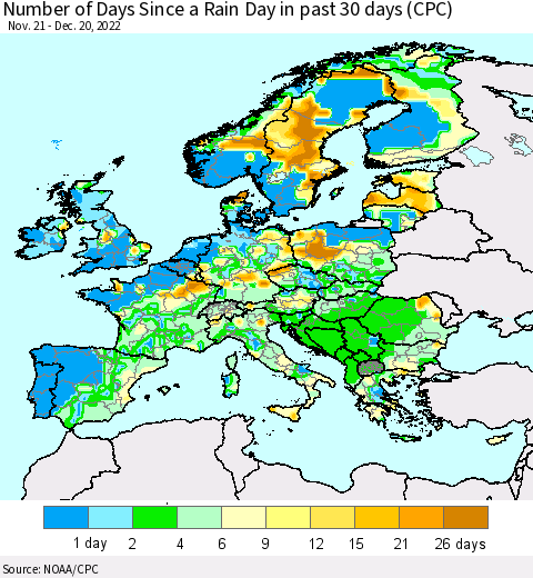 Europe Number of Days Since a Rain Day in past 30 days (CPC) Thematic Map For 12/16/2022 - 12/20/2022