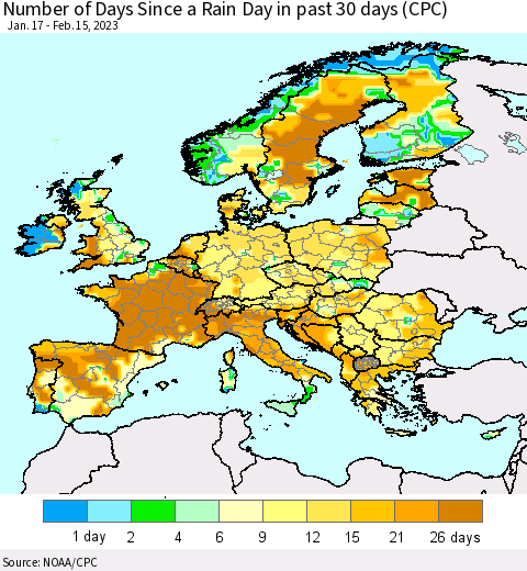 Europe Number of Days Since a Rain Day in past 30 days (CPC) Thematic Map For 2/11/2023 - 2/15/2023