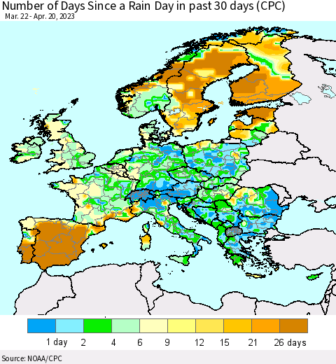 Europe Number of Days Since a Rain Day in past 30 days (CPC) Thematic Map For 4/16/2023 - 4/20/2023