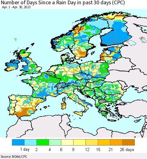 Europe Number of Days Since a Rain Day in past 30 days (CPC) Thematic Map For 4/26/2023 - 4/30/2023