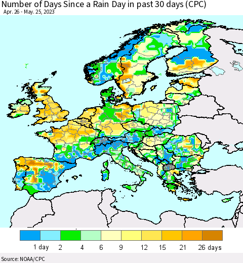 Europe Number of Days Since a Rain Day in past 30 days (CPC) Thematic Map For 5/21/2023 - 5/25/2023