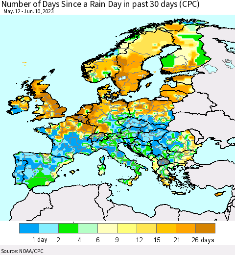 Europe Number of Days Since a Rain Day in past 30 days (CPC) Thematic Map For 6/6/2023 - 6/10/2023