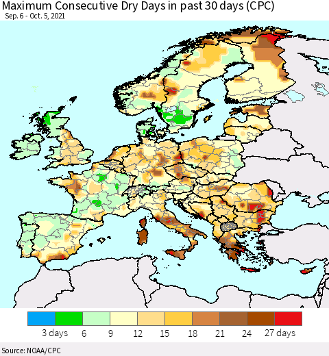 Europe Maximum Consecutive Dry Days in past 30 days (CPC) Thematic Map For 10/1/2021 - 10/5/2021
