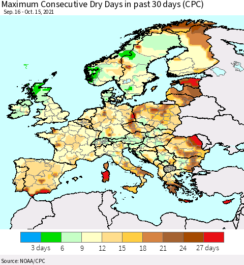 Europe Maximum Consecutive Dry Days in past 30 days (CPC) Thematic Map For 10/11/2021 - 10/15/2021