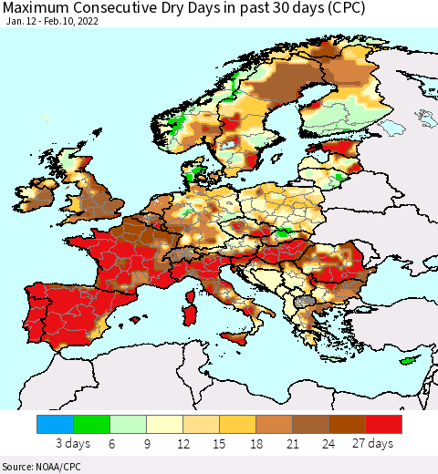 Europe Maximum Consecutive Dry Days in past 30 days (CPC) Thematic Map For 2/6/2022 - 2/10/2022