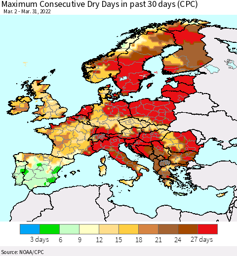 Europe Maximum Consecutive Dry Days in past 30 days (CPC) Thematic Map For 3/26/2022 - 3/31/2022