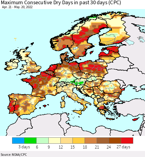 Europe Maximum Consecutive Dry Days in past 30 days (CPC) Thematic Map For 5/16/2022 - 5/20/2022