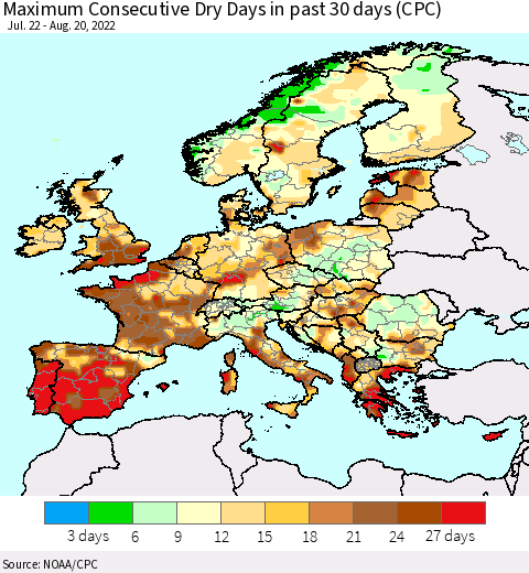 Europe Maximum Consecutive Dry Days in past 30 days (CPC) Thematic Map For 8/16/2022 - 8/20/2022