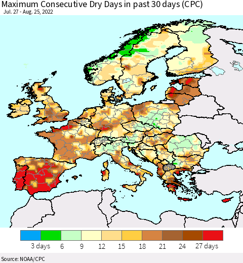 Europe Maximum Consecutive Dry Days in past 30 days (CPC) Thematic Map For 8/21/2022 - 8/25/2022