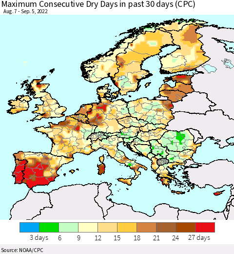 Europe Maximum Consecutive Dry Days in past 30 days (CPC) Thematic Map For 9/1/2022 - 9/5/2022