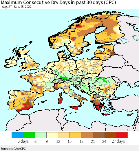 Europe Maximum Consecutive Dry Days in past 30 days (CPC) Thematic Map For 9/21/2022 - 9/25/2022
