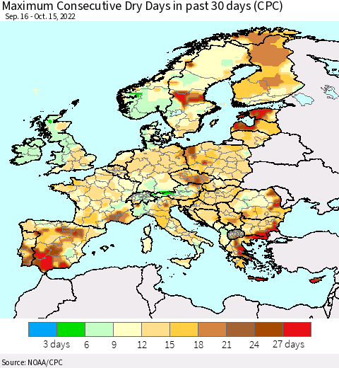 Europe Maximum Consecutive Dry Days in past 30 days (CPC) Thematic Map For 10/11/2022 - 10/15/2022