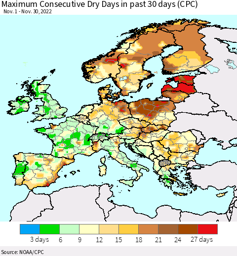 Europe Maximum Consecutive Dry Days in past 30 days (CPC) Thematic Map For 11/26/2022 - 11/30/2022
