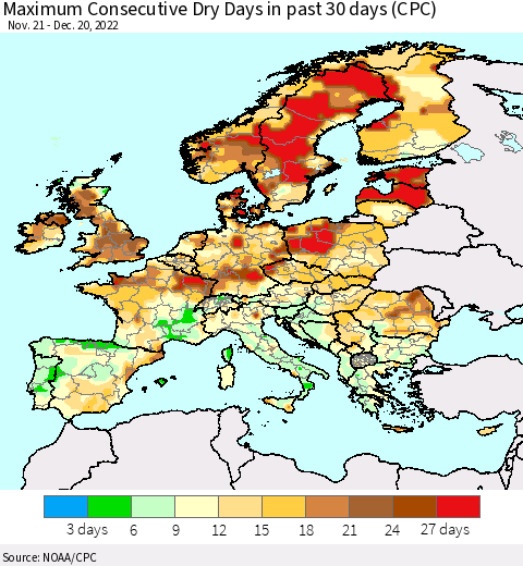 Europe Maximum Consecutive Dry Days in past 30 days (CPC) Thematic Map For 12/16/2022 - 12/20/2022