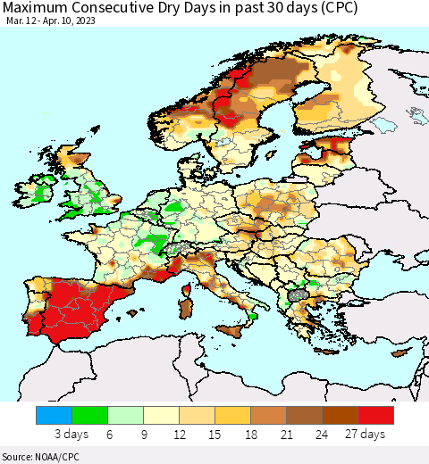 Europe Maximum Consecutive Dry Days in past 30 days (CPC) Thematic Map For 4/6/2023 - 4/10/2023