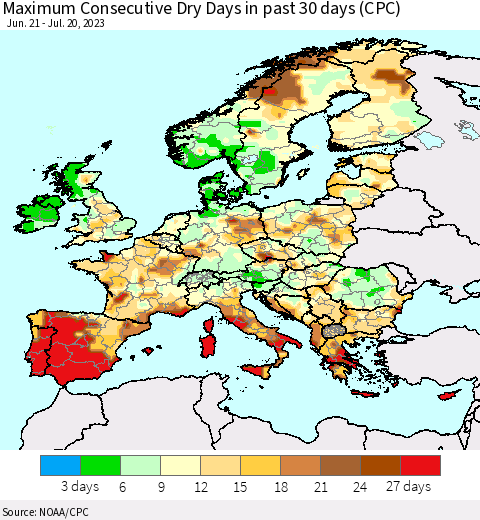 Europe Maximum Consecutive Dry Days in past 30 days (CPC) Thematic Map For 7/16/2023 - 7/20/2023