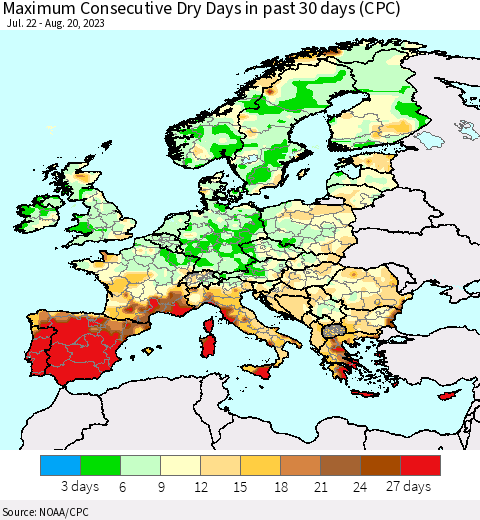 Europe Maximum Consecutive Dry Days in past 30 days (CPC) Thematic Map For 8/16/2023 - 8/20/2023