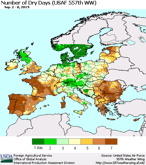 Europe Number of Dry Days (USAF 557th WW) Thematic Map For 9/2/2019 - 9/8/2019