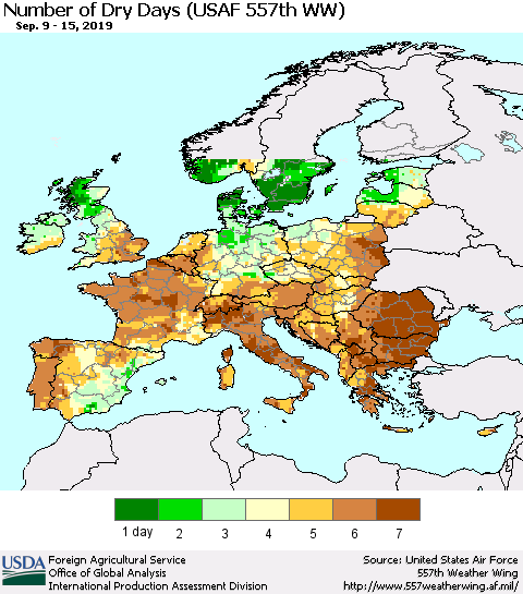 Europe Number of Dry Days (USAF 557th WW) Thematic Map For 9/9/2019 - 9/15/2019