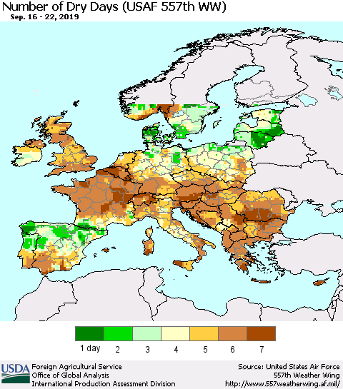 Europe Number of Dry Days (USAF 557th WW) Thematic Map For 9/16/2019 - 9/22/2019