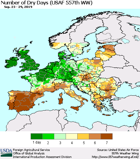 Europe Number of Dry Days (USAF 557th WW) Thematic Map For 9/23/2019 - 9/29/2019